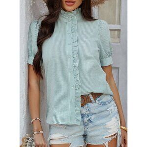Green Striped Shirt Button Down Puff Sleeve Blouse Ruffle Trim On Front & Collar
